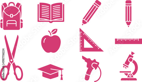 Colorful flat design icons representing essential school and study supplies for educational materials and presentations