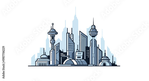 Futuristic City Skyline Vector Illustration on White Background
