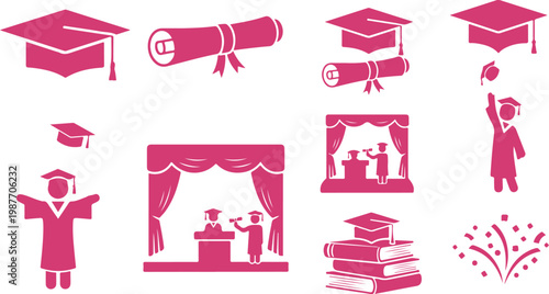Colorful graduation icons set featuring caps tassels diplomas stage celebration books and confetti isolated on transparent background