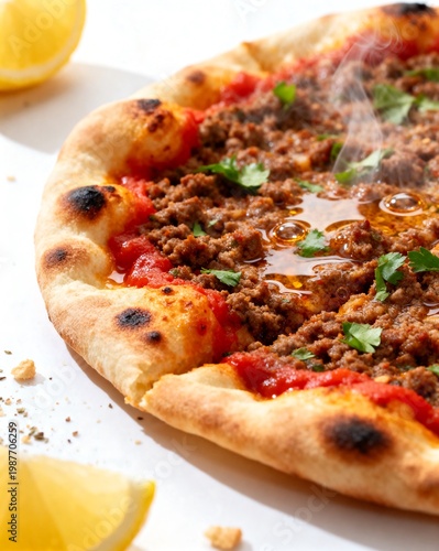 Close-up of Savory Lahmacun topped with Minced Meat and Herbs, Lemon Slice