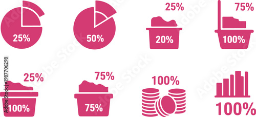 Colorful infographic icons showing percentage distribution and quantity comparisons in various styles