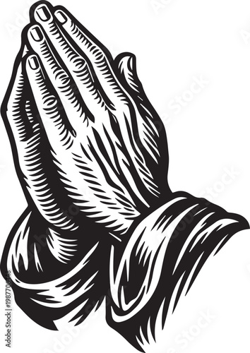 Praying hands in detailed woodcut or engraved style, reverent and spiritual black and white vector illustration
