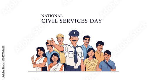 Vector illustration commemorating India's National Civil Services Day, featuring a diverse group of civil servants and government officials in uniform, with a clean white background