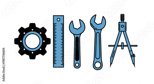 Engineering Tools Collection - Gears, Ruler, Wrenches, and Calipers