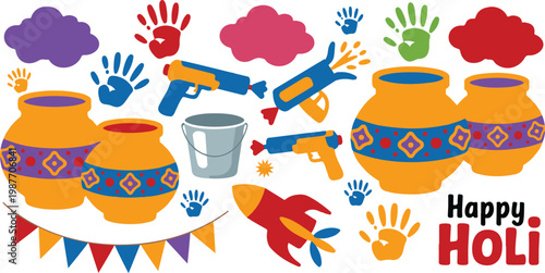 Happy Holi festival element set with colorful gulal powder pots water guns handprints bunting and rocket for Indian spring celebration