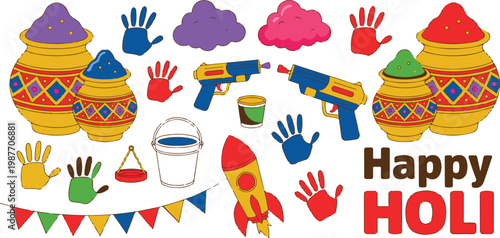 Happy Holi festival element set with colorful gulal powder pots water guns handprints bunting and rocket for Indian spring celebration
