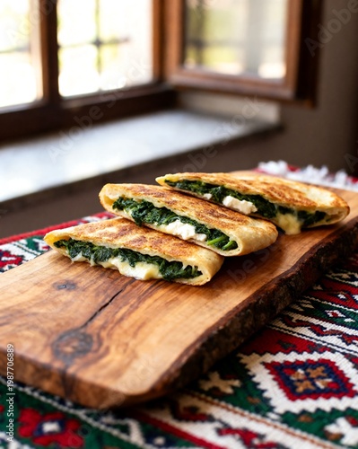 Middle Eastern Spinach and Feta Flatbreads on Wooden Board