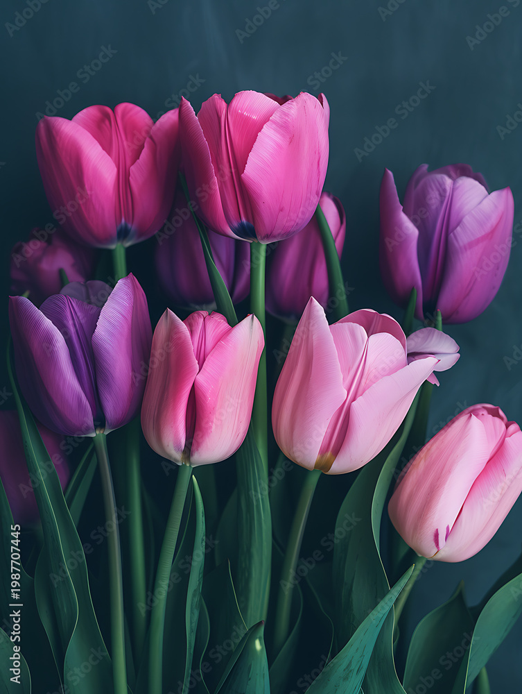 Obraz premium Pink and purple tulips close-up on dark background, vertical copy space for elegant spring posters.