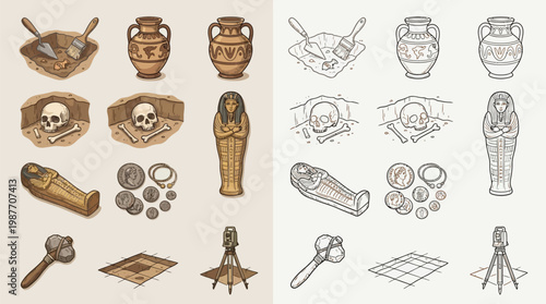 Collection of ancient Egyptian artifacts and archaeological excavation tools, including sarcophagi, pottery, coins, and digging equipment.