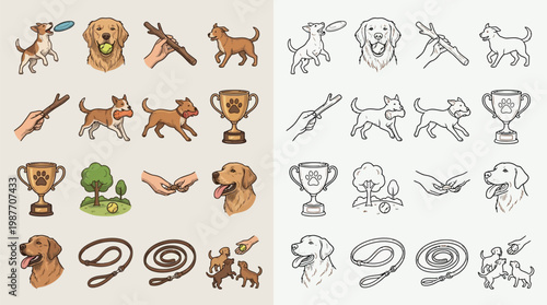 Collection of dog-related icons and illustrations, featuring various breeds, activities, and accessories for pet care and training.