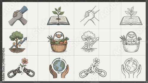 A collection of hand-drawn icons representing growth, community, sustainability, and overcoming challenges.