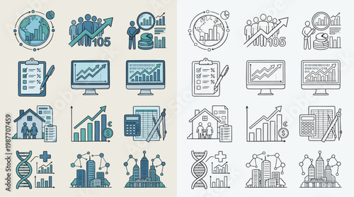 A collection of flat design icons representing business growth, finance, and data analysis, presented in both color and outline versions.