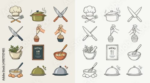 A collection of hand-drawn culinary icons, featuring chef hats, pots, knives, ingredients, and serving dishes, presented in both color and monochrome.