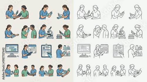 Collection of illustrations depicting medical professionals collaborating and conducting research in a laboratory setting.