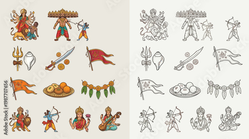 Collection of Hindu deities, mythological figures, and religious symbols, presented in both colored and line-art formats.