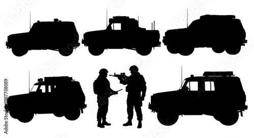 Military Vehicle and Soldier Silhouettes Vector Illustration Set