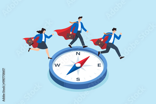 Flat illustration of business team wearing cape running on compass direction while carrying briefcase to guide business strategy
