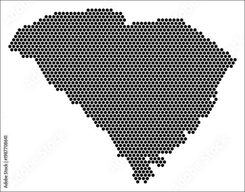 South Carolina hexagon map. Plain black and white dotted shape template. State tiny hexagon cells. South Carolina flat honeycomb template. Vector Illustration.