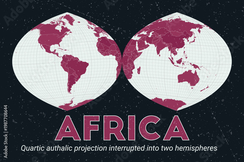 Africa. World map. Quartic authalic projection interrupted into two hemispheres centered to Africa. Pale Mint Dark Pink palette. Vintage texture. Modern vector illustration.