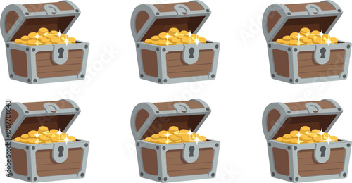 Set of open wooden pirate treasure chests full of sparkling gold coins for gaming interface fantasy adventure and wealth concepts