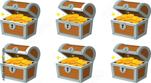 Set of open wooden pirate treasure chests full of sparkling gold coins for gaming interface fantasy adventure and wealth concepts