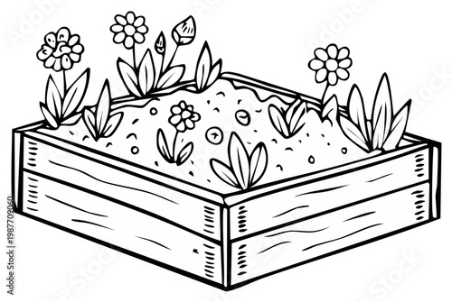 Hand drawn illustration of a raised garden bed filled with growing plants and flowers