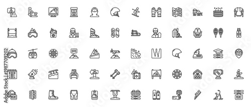 Ski Resort icon set. Vector illustration featuring skier, equipment, mountain, snowflake, lodge, lift, helmet, goggles and more. Editable stroke icons.