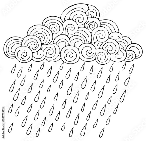 Whimsical hand drawn storm cloud raining droplets in a swirling pattern outline art