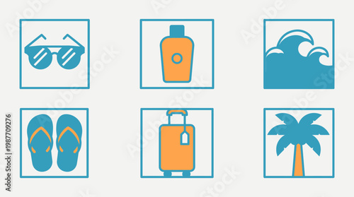 A graphic illustration of summer vacation icons, including sunglasses, sunscreen, waves, flip flops, a suitcase, and a palm tree, arranged in a grid.