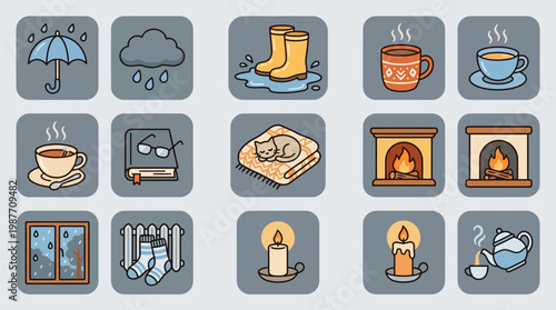 Cozy indoor scene with rain outside, featuring a warm fireplace, steaming cups of coffee, and boots by the door.