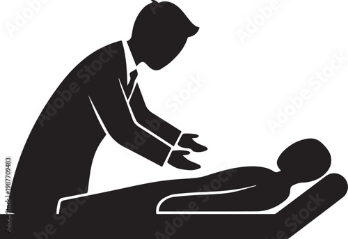 Silhouette of a man performing cpr on a person lying on a stretcher