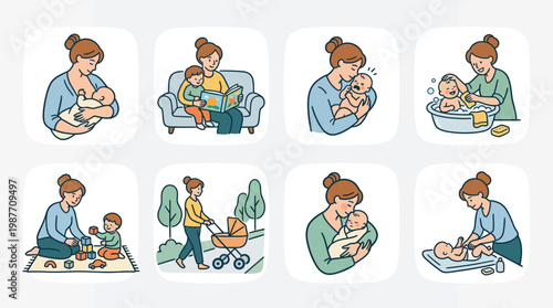 A mother nursing her baby in various settings at home with love and care always
