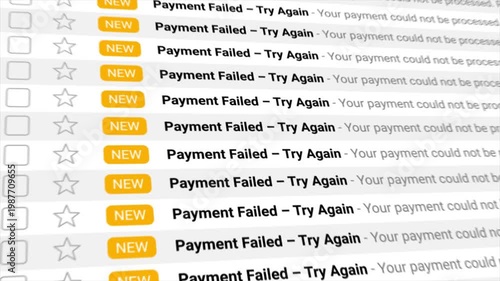 Payment Failed - Try Again notifications stream endlessly, dominating a digital interface. Visually represents online transaction failures, financial challenges, and critical system errors.