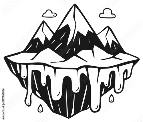 Floating island with mountains and melting elements cartoon illustration