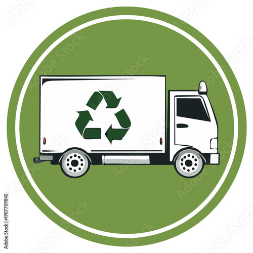 Recycling truck with green recycle symbol in circular frame