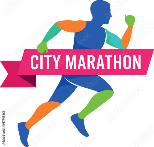 City marathon runner illustration with dynamic athlete silhouette and race banner, sports event concept for running competition design