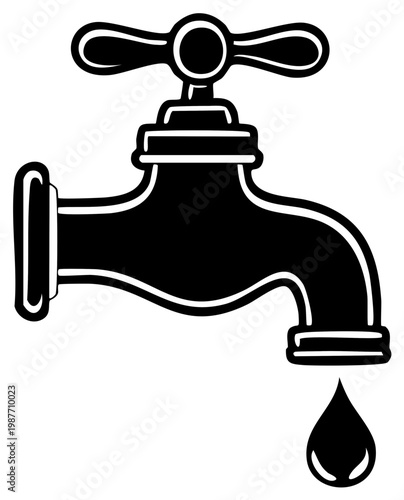 Vintage Faucet With Water Drop Isolated on White Vector Silhouette