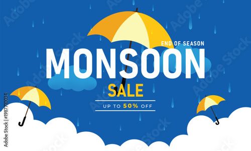 monsoon sale banner design with 50% discount offer and umbrella decorated