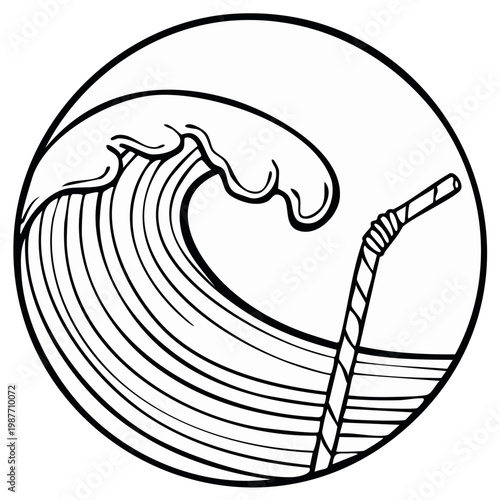 Stylized Circular Illustration of a Rolling Ocean Wave Absorbed by a Drinking Straw