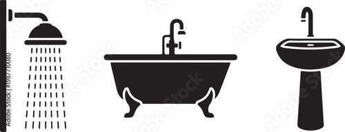 Bathroom fixtures shower bathtub sink for plumbing and hygiene vector icon Isolated on white background