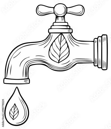 Water conservation concept illustration with faucet and leaf drop, line art