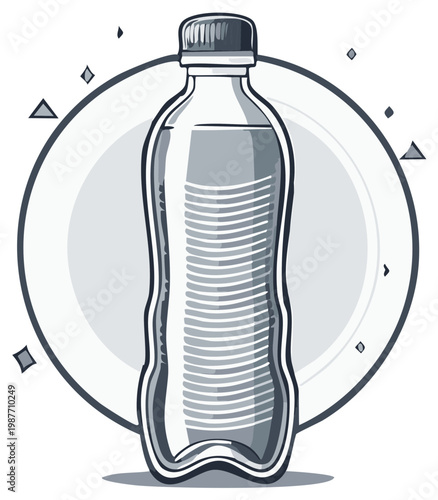 Illustrated bottle of water, gray scale on circle, illustration