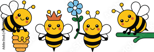 Set of cute cartoon honey bee characters with honey pot crown flower and leaf for children nursery and garden decor vector illustration