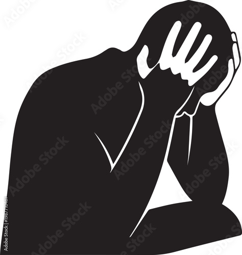 Black silhouette of a man covering his face with his hand