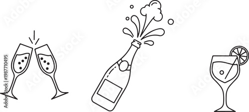 Champagne celebration with clinking glasses and splashing bottle isolated on white background