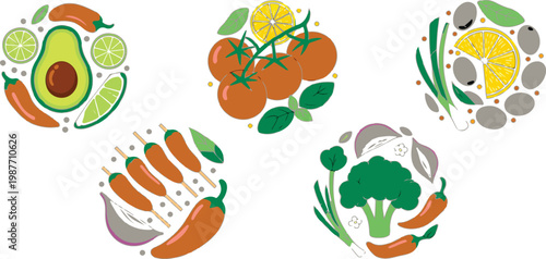 Set of healthy fresh vegetable circle compositions including avocado tomato broccoli and chili for restaurant menu and organic food branding