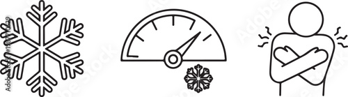 Cold temperature measurement with snowflake and shivering person icon on white background