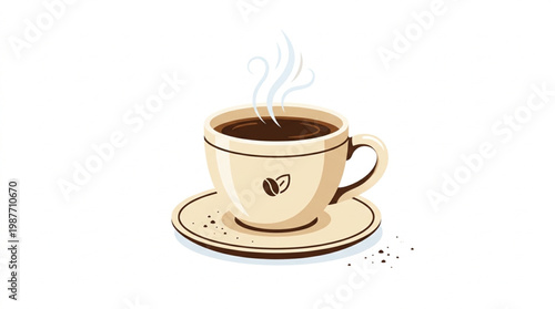Hot Coffee Cup with Saucer and Coffee Bean Logo Illustration