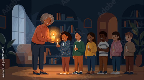 A Teacher's Guiding Light Fostering Hope and Knowledge for Children in a Cozy Room Setting Symbolic of Learning and the Power of Connection. Encouraging Community.