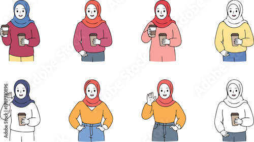 Set of happy young Muslim women wearing hijab holding coffee cups and waving for social interaction and diverse community concepts